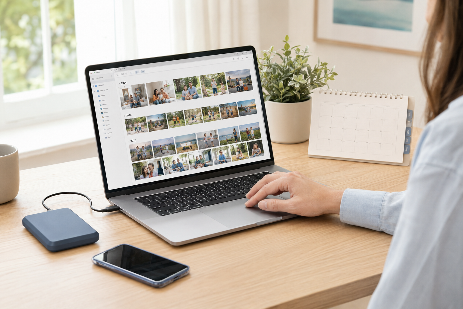 An organized photo library, external drive and calendar