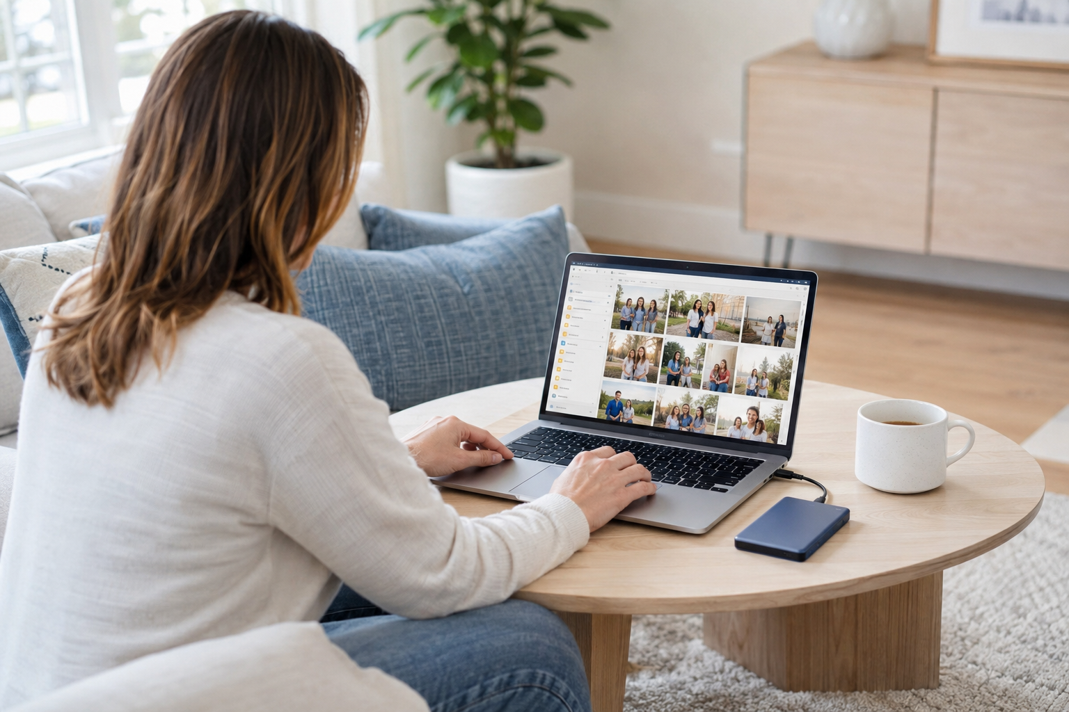 A digital photo library being organized on a laptop